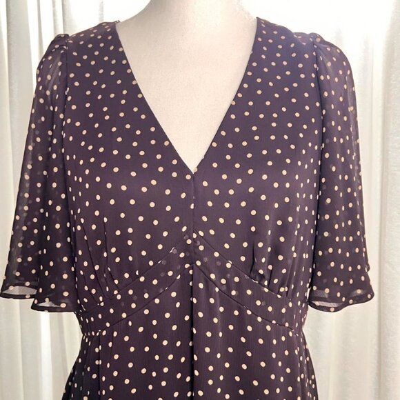 Harper Rose V-Neck Flutter Sleeve Dress Dark Purple Beige Dots Large 12 - Picture 6 of 12